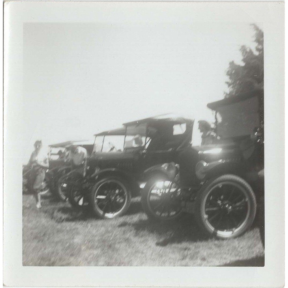 Vintage Square Snapshot Photo Antique Model T Ford Cars Row Automobiles